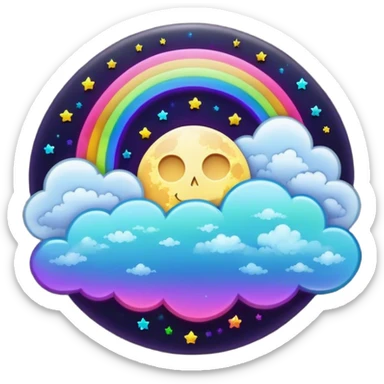 Beveled button with Neon rainbow colored damask style full moon with stars and clouds in the center sticker