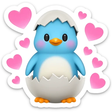 Light blue baby penguin surrounded by pink hearts while hatching out of an egg sticker