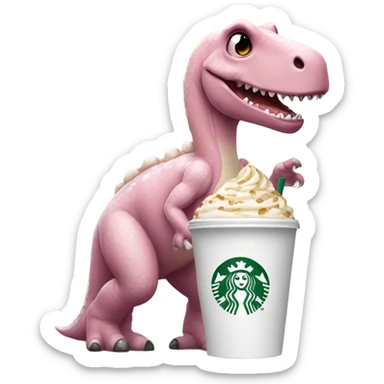 Light pink happy dinosaur with a drink from Starbucks and in white chocolate  sticker