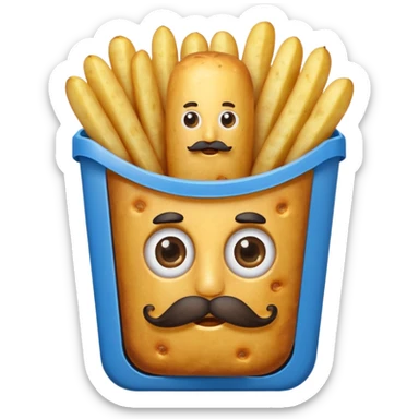 long fried potatoes in a blue carton, carton has eyes and mustache sticker