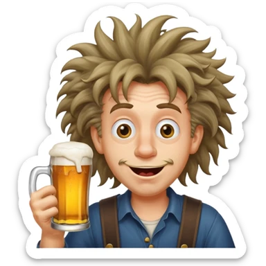 silly man with wild hair holding a beer, exaggerated goofy face, cross eyed sticker