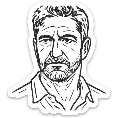 hand drawn outline style headshot, strong jawline, short hair, Gerard Butler inspiration sticker
