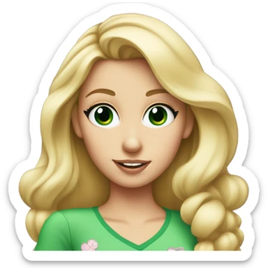 blonde woman with green eyes and cute shirt wearing minnie mouse ears sticker