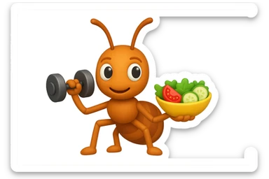 EMOJI STILE IPHONE 3D DI UNA formica CHE ha un manubrio da palestra nella mano destra e un insalata nella mano sinistra, FAGLI GLI OCCHI CON LA PARTE BIANCA, NON SOLO LA PUPILLA sticker