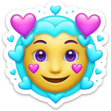 futuristic glowing emoji face smiling with floating neon hearts, purple and cyan holographic light, dark background sticker