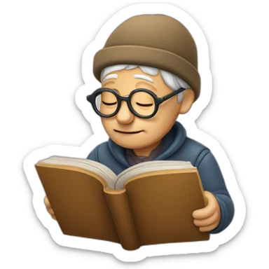 Old man with glasses reading a book and wearing sleeping hat sticker