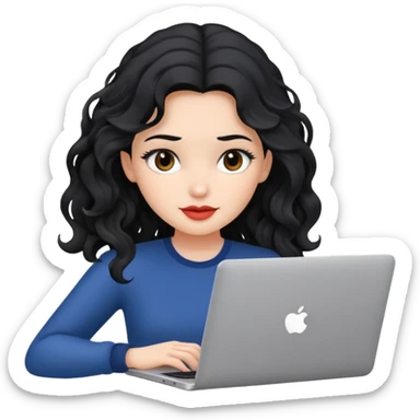 Beautiful girl, with black hair, with wavy hair, and with a laptop  sticker