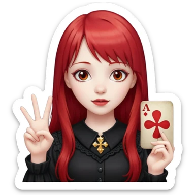 a gothic girl with long red hair and bangs holding a lucky sign sticker