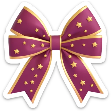 sparkly burgundy bow with gold outline and stars, confetti burst background sticker