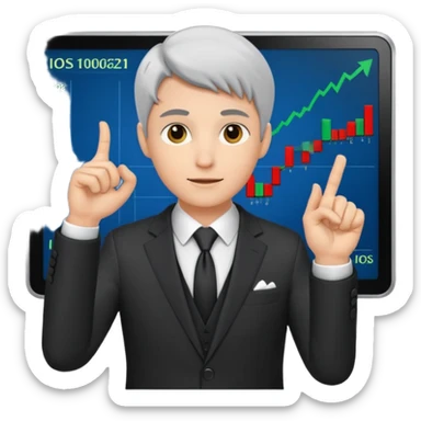 mach mir einen trader an der börse der tradet der so mit einer hand hinter sich deutet um anzig sticker