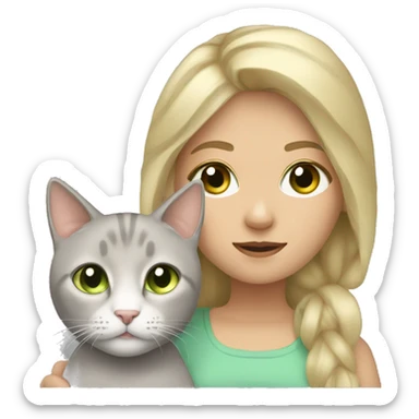 Girl with blonde hair and hazel eyes holding a grey cat with light green eyes sticker