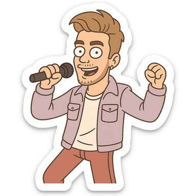 Justin Bieber as a cartoon character, pop star style, microphone in hand, modern hairstyle, energetic pose sticker