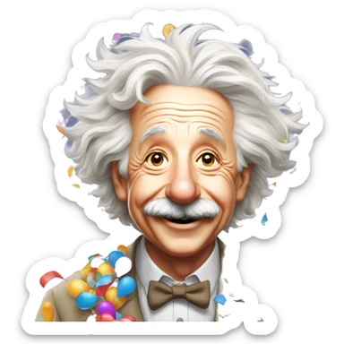 happy albert einstein with lots of colourful confetti and party balloons sticker
