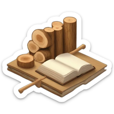 isometric BOOK with picture of wood logs, metal rods, fabric, tools sticker
