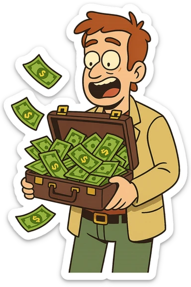 briefcase overflowing with cash, flat modern style, bright saturated colors with greens, golds, reds, minimal but expressive, universal look sticker