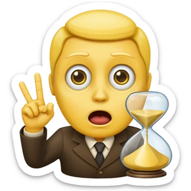 classic emoji style, yellow face with a finger raised as if saying 'wait', with a small hourglass, no text sticker