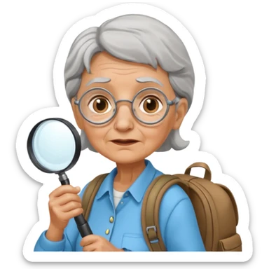 Explorer old woman with magnifying glass and backpack sticker