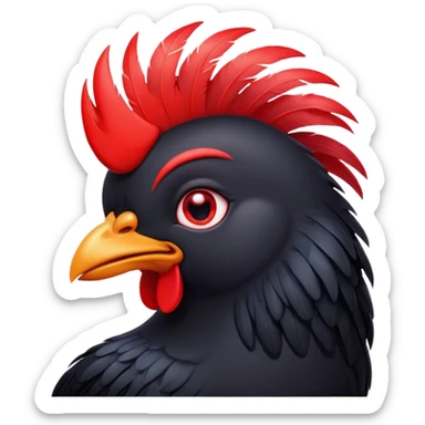 Cinematic Cute Black Chicken Portrait Emoji, Head tilted playfully and inquisitively, featuring sleek, lustrous black feathers and a vibrant red comb, round, sparkling beady eyes filled with curiosity, Simplified yet irresistibly adorable features, highly detailed, glowing with a warm, friendly glow, high shine, affectionate and lively, stylized with a touch of whimsical charm, bright and endearing, soft glowing outline, capturing the essence of a mischievous yet loving chicken, so playful it feels like it could peck out of the screen and into your arms! sticker