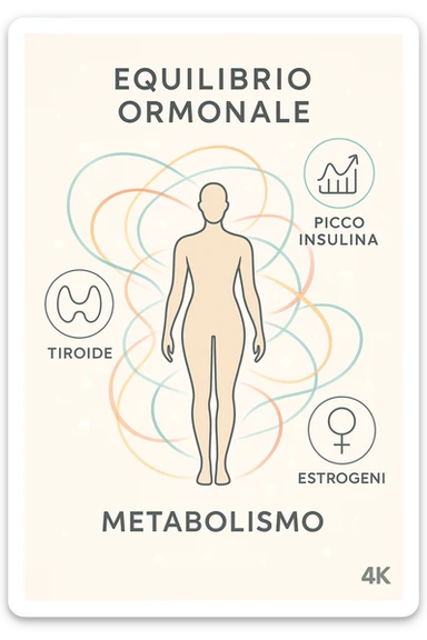 Il corpo è circondato da simboli delicati e bilanciati che rappresentano equilibrio ormonale e metabolico: piccoli cerchi, flussi energetici colorati, simboli stilizzati di tiroide, picco insulina, estrogeni. 4k immagine in italiano sticker