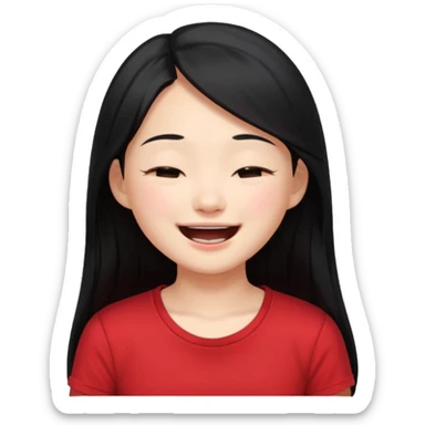 Cute asian girl with long hair and red t shirt who is laughing with eyes closed sticker
