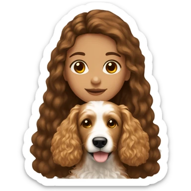 A girl with really long brown hair brown eyes holding a golden doodle dog sticker