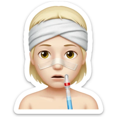 sick person with a termometer on her mouth and a bandage on the head sticker
