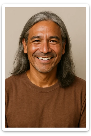brown tanned man over 40 with long grey hair, smiling, head and shoulders, plain background sticker