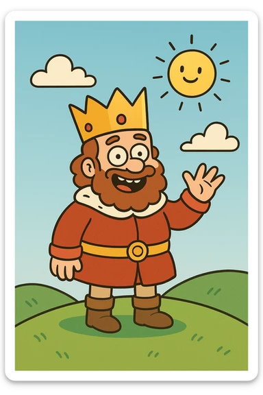 cartoon style, a cheerful king with a big crown standing on a green hill, waving, sunny sky, bright colors sticker