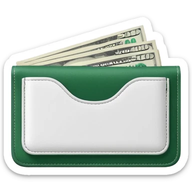 white wallet with dark green details, white dollar bills with dark green elements sticking out, minimalism sticker