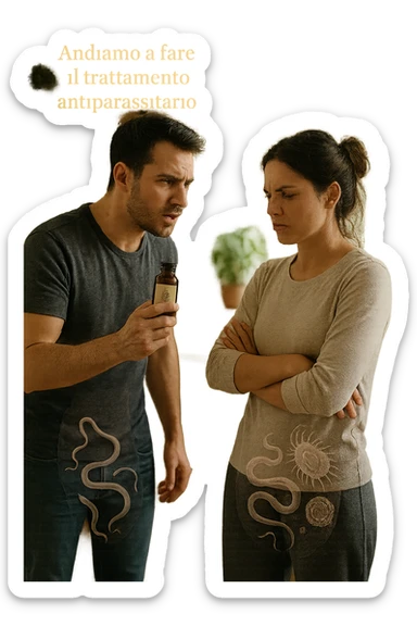 A highly realistic, cinematic photo of a young couple in their early 30s having an argument in a bright modern kitchen. The man, athletic build, wearing a casual T-shirt and jeans, is speaking firmly with a raised hand holding a small amber glass bottle labeled with a subtle herbal symbol, saying 'Andiamo a fare il trattamento antiparassitario' with a determined expression. The woman, with long dark hair tied in a messy bun, casual home outfit, crosses her arms with an angry, defensive expression, replying 'Ti ho detto di no! Io non ci credo!' while slightly turning away. Tension is visible in their body language, with the man leaning forward trying to explain and the woman leaning back, her eyebrows furrowed. Around them, subtle ghostly overlays of microscopic parasites are faintly visible near their abdominal areas, symbolizing the hidden reason for the argument. The kitchen is bright and modern with plants and natural light, contrasting the emotional tension. The style is hyperrealistic with warm tones and shallow depth of field focusing on their facial expressions, illustrating the conflict between belief in natural treatments and skepticism within the couple regarding hidden parasitic infections. in italiano sticker