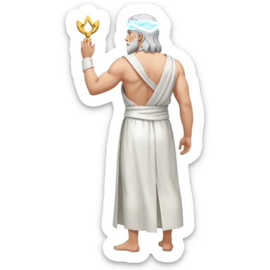 fullbody silverhair shirtless god ZEUS, white robe over shoulder, standing still backview sticker