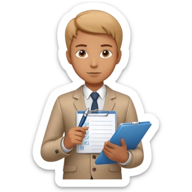 a person holding a checklist and pen, wearing smart casual clothing. The character is in a focused pose sticker