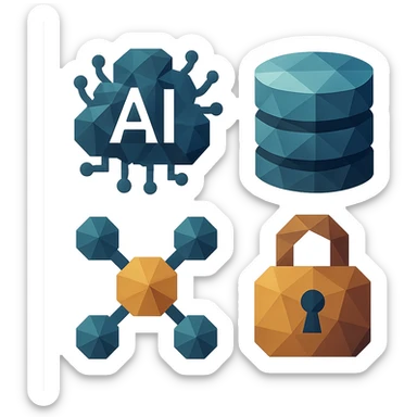 polygonal low-poly style icons for information technology, geometric shapes, icons for AI, data storage, connectivity, and encryption, modern and abstract sticker