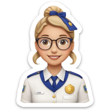 Reception Young girl, bun hair, wearing uniform of reception with hotel name badge, glasses, stand behind the desk

 sticker