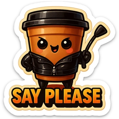 Tall coffee cup, dressed in leather holding a whipping crop, mischevious, "big "Say Please" sticker