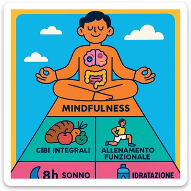 Piramide della salute in stile cartoon colorato con base Sonno 8h e Idratazione, centro Cibi integrali e Allenamento funzionale, cima Mindfulness e Connessione sociale. In cima figura sorridente che medita, corpo con icone di neurotrasmettitori e flora intestinale sana. Testi in italiano, atmosfera allegra. sticker
