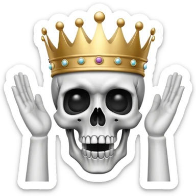 A shocked skull with a crown on top, both hands raised pressing on its head in disbelief, black and white sticker