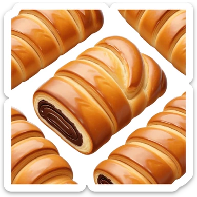 Cinematic warm pain au chocolat, flaky golden-brown pastry with a rich chocolate filling peeking through, perfectly crisp exterior, soft glowing highlights, inviting and indulgent. sticker