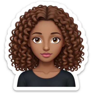 Light skinned or fair skinned, LONG curly hair (shoulder length) Nubian nose, full lips with a natural pink-brown tone, dark brown almond eyes, Slight arched eyebrows, full  brown.  wearing a black long sleeve top  sticker