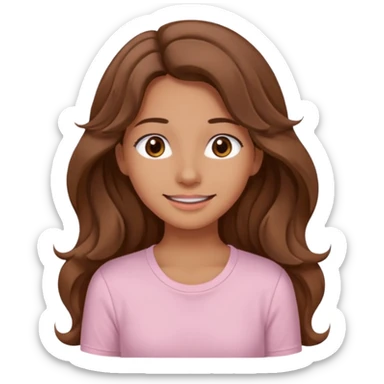 A pretty girl with tan skin and long brown wavy hair, wearing a very light pink basic shirt with brown eyes and a closed mouth smile sticker