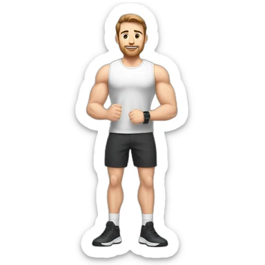Full height Actively gesturing with hands Pale skinned Fit Man With the biceps and brown hair in dark gray Sleeveless Mike, black oversize sports shorts, watch and white Sneakers sticker