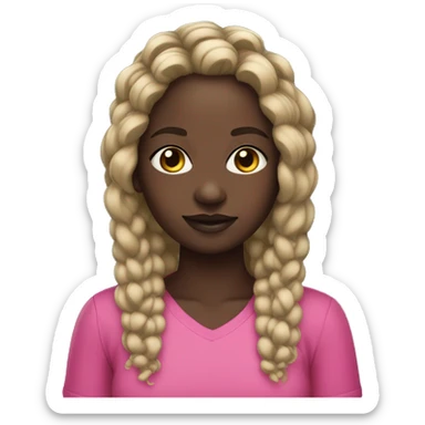 Darkskin girl with short bohoo braids until hair shoulders wearing a bright pink shirt with long lashes sticker