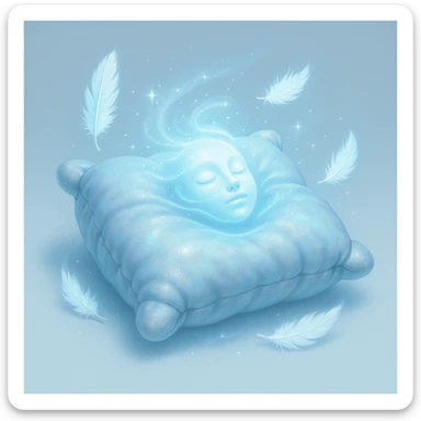 mystical pillow shimmering with icy blue and silver, surrounded by glowing feathers and a frosty aura, gentle energy waves cradling a head evoking magical pain-free starlit sleep sticker