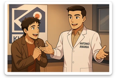  rappresenta un webtoon manga a colori con questo stile, in cui un uomo esclama una cosa entusiasta al kinesiologo con il camice bianco (fagli anche la scritta "ANTONIO ANANIA" SUL CAMICE), IL KINESIOLOGO lo aspetta a braccia aperte. l'espressione dell'uomo è felice e soddisfatta, non fare i fumetti però, fai solo in modo che sembri stiano parlando sticker