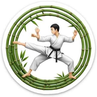 An icon symbolizing Eastern martial arts in the style of an emblem, with a black-and-white Yin-Yang symbol at the center. The design shows a martial artist performing a graceful kick, surrounded by bamboo and traditional elements. Transparent background emphasizes balance and harmony sticker