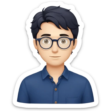 Young caucasian man with slightly longer wavy black hair, round glasses, torso only, wearing dark blue relaxed buttoned-up shirt sticker
