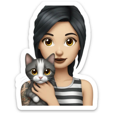 Beautiful dark haired tattooed woman holding gray and white stripe long haired cat sticker