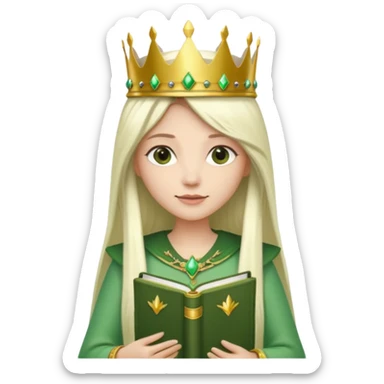 Long Hair Women with green Book, White straight hair, crown

 sticker