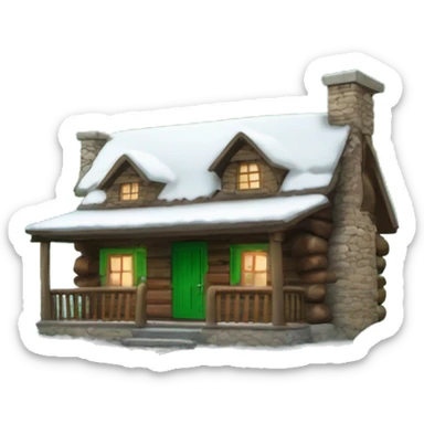 Snowy log cabin with a green door and a stone chimney  sticker