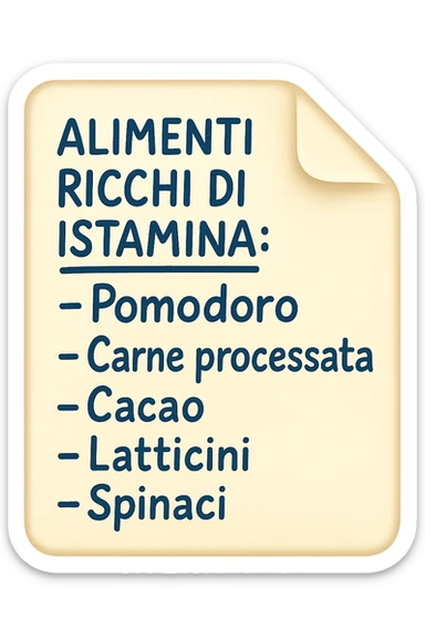 emoji di un foglio di carta con lista di alimenti ricchi di istamina scritti a penna:
ALIMENTI RICCHI DI ISTAMINA:
- Pomodoro
- Carne processata
- Cacao
- Latticini
- Spinaci sticker